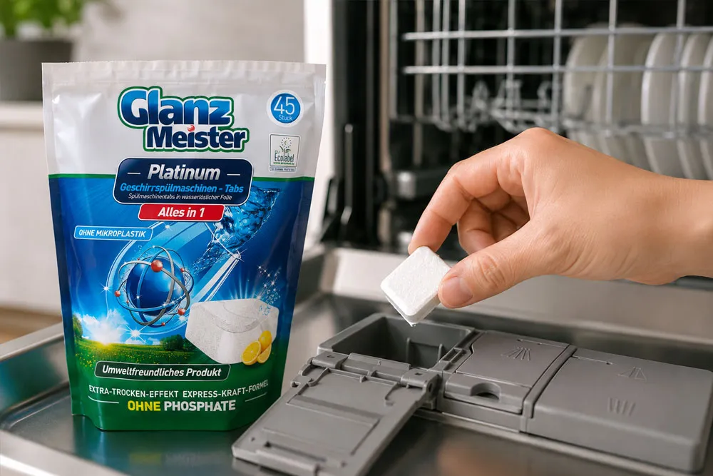Người dùng đặt viên rửa Glanz Meister vào máy rửa bát