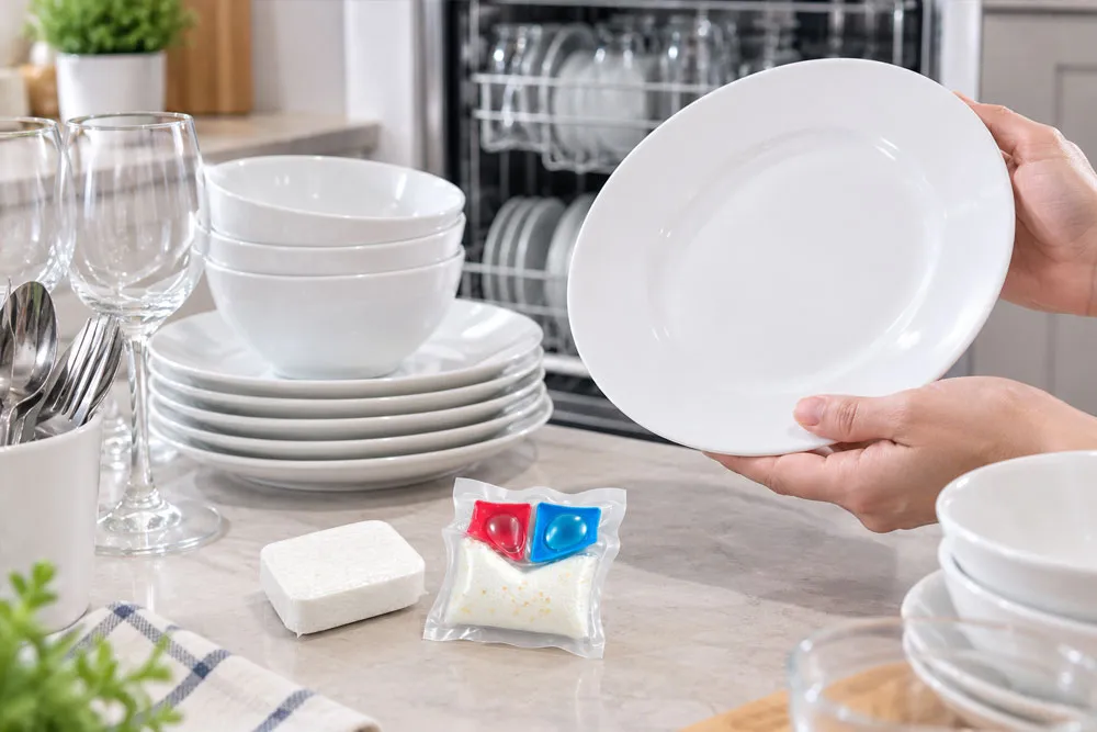 Bát đĩa sạch sau khi chọn viên rửa bát phù hợp với mẻ nhiều dầu mỡ