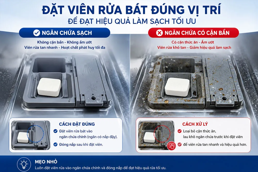Ngăn chứa viên rửa bát sạch và đúng vị trí
