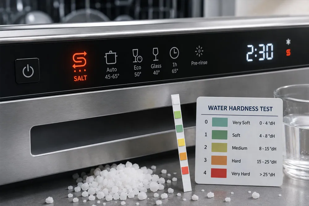 Đèn báo muối và que thử độ cứng nước cho máy rửa bát