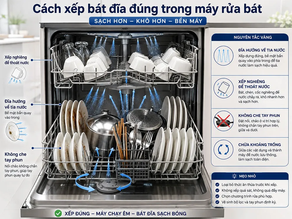 Cách xếp bát đĩa giúp tăng hiệu quả rửa ở nhiệt độ thấp