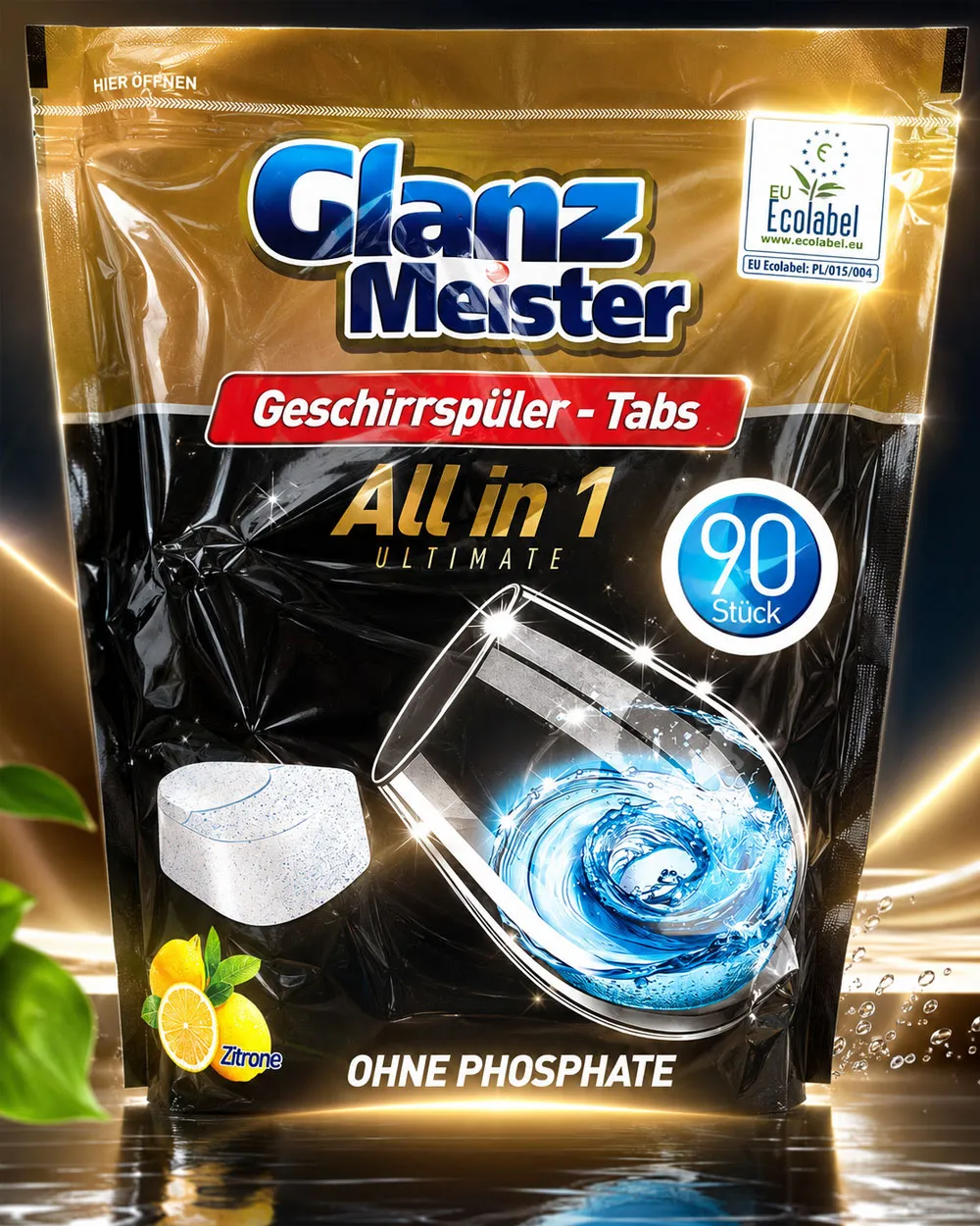 Chứng nhận EU Ecolabel trên bao bì Glanz Meister Alles in 1 Ultimate