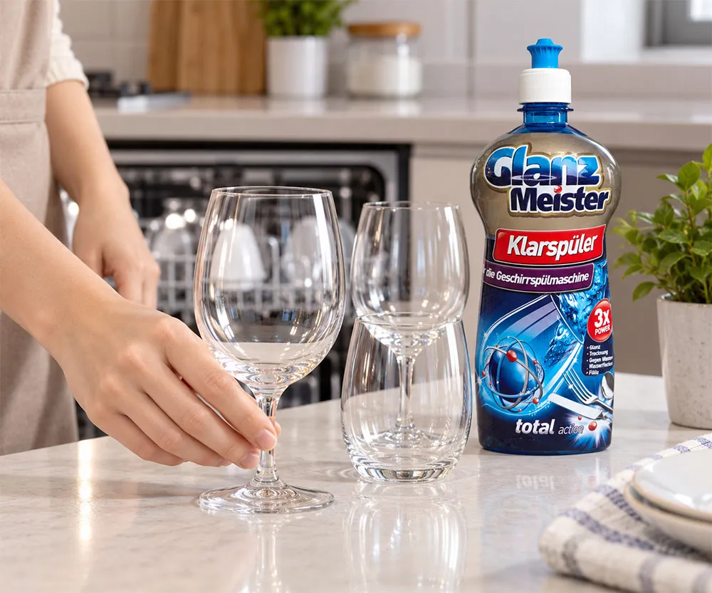 Nước trợ xả GlanzMeister 920ml hỗ trợ ly khô ráo và hạn chế vệt nước
