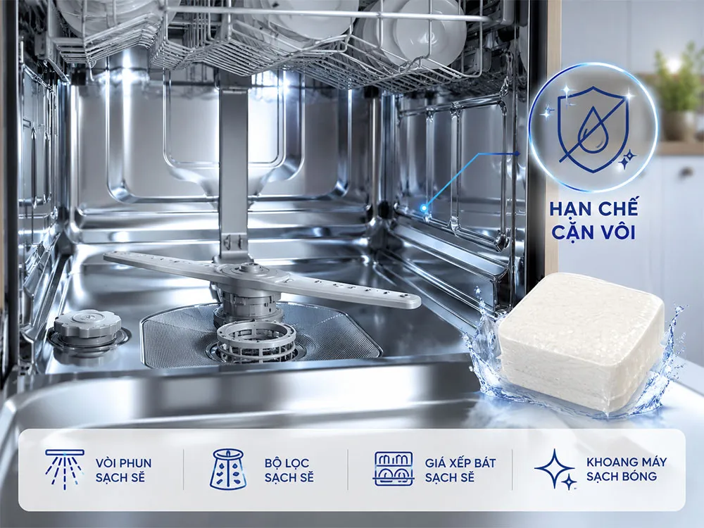 Viên rửa bát hỗ trợ hạn chế cặn vôi trong máy rửa bát
