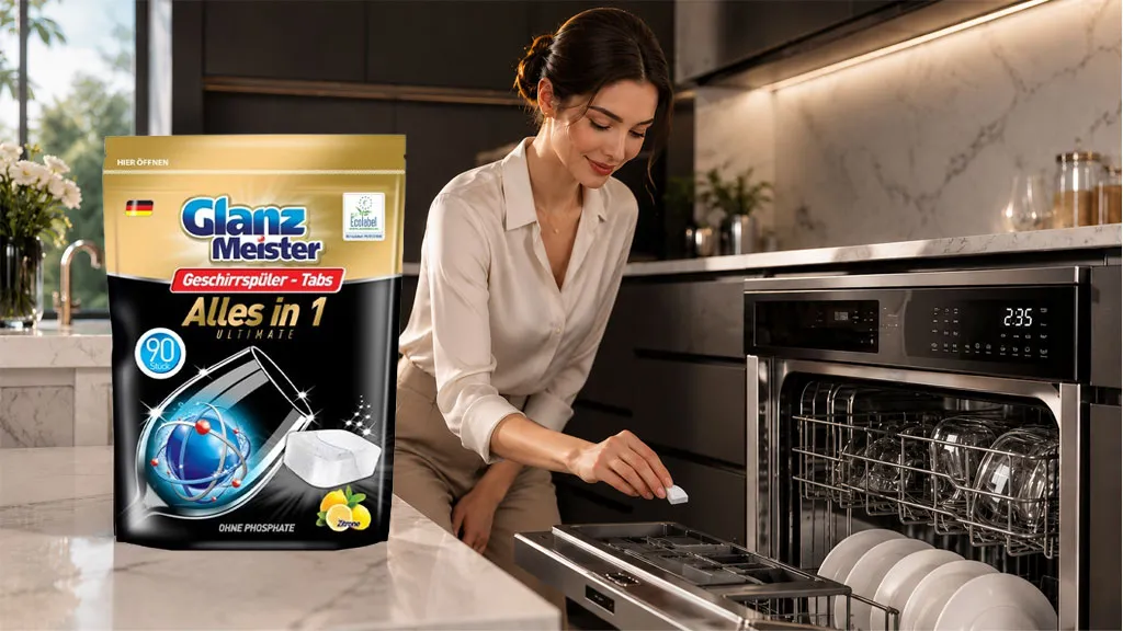 Người phụ nữ hiện đại sử dụng viên rửa bát Glanz Meister trong căn bếp sang trọng