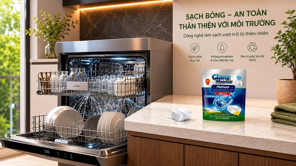 Không gian bếp hiện đại sử dụng viên rửa bát Eco thân thiện môi trường