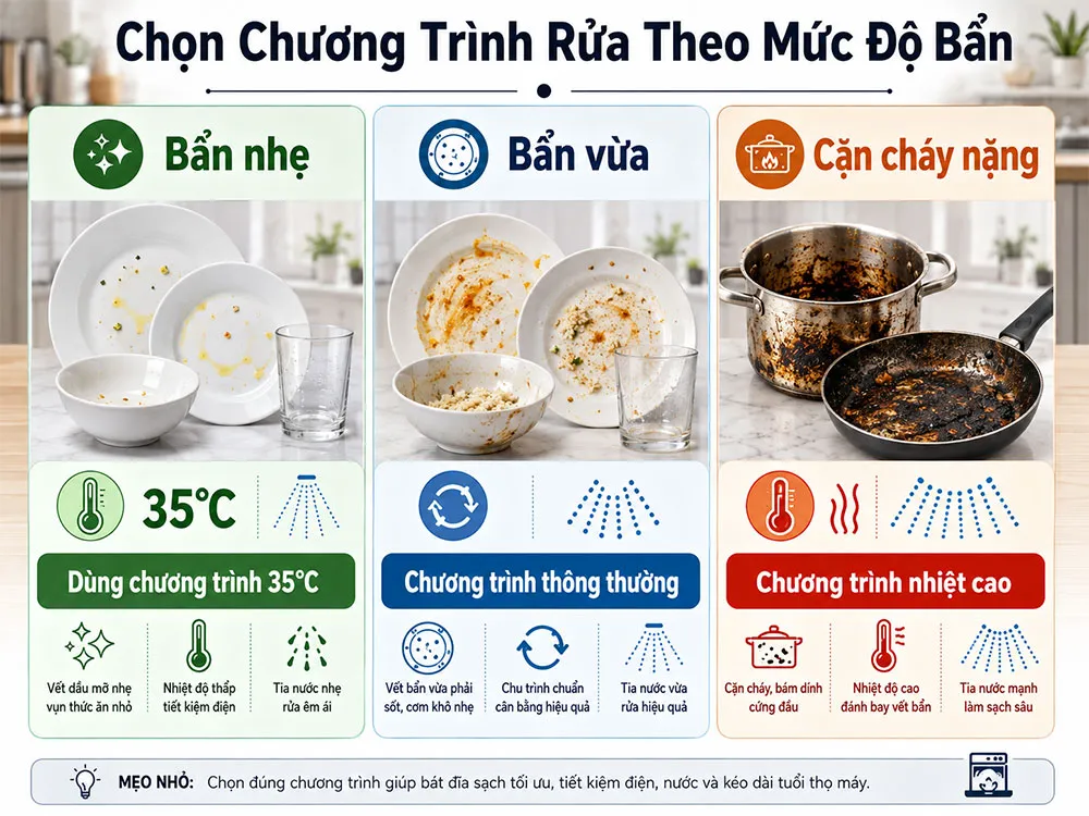 Lựa chọn nhiệt độ máy rửa bát theo mức độ bám bẩn