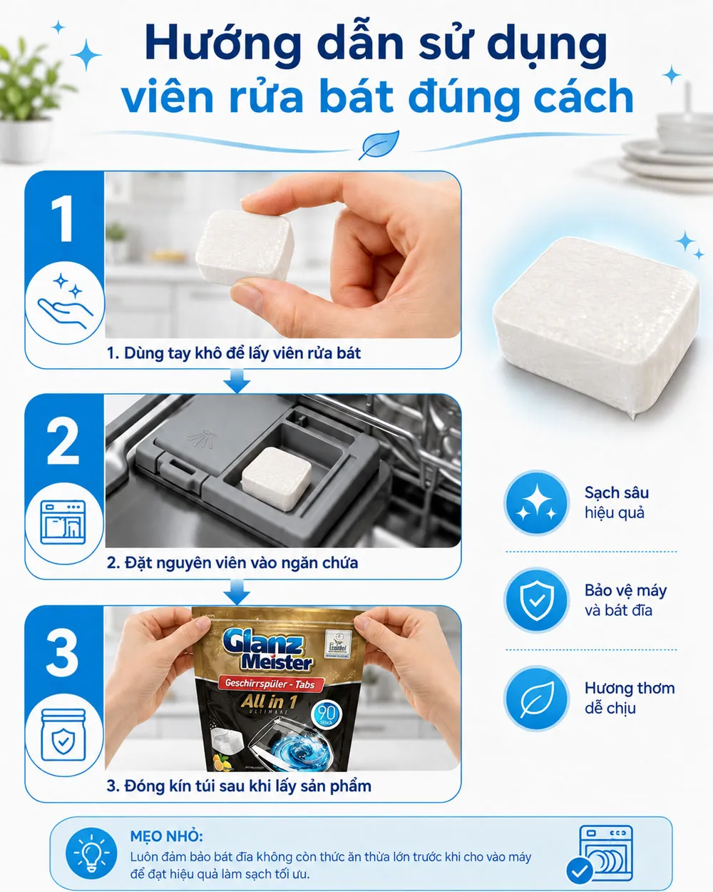 Hướng dẫn sử dụng viên rửa bát GlanzMeister đúng cách
