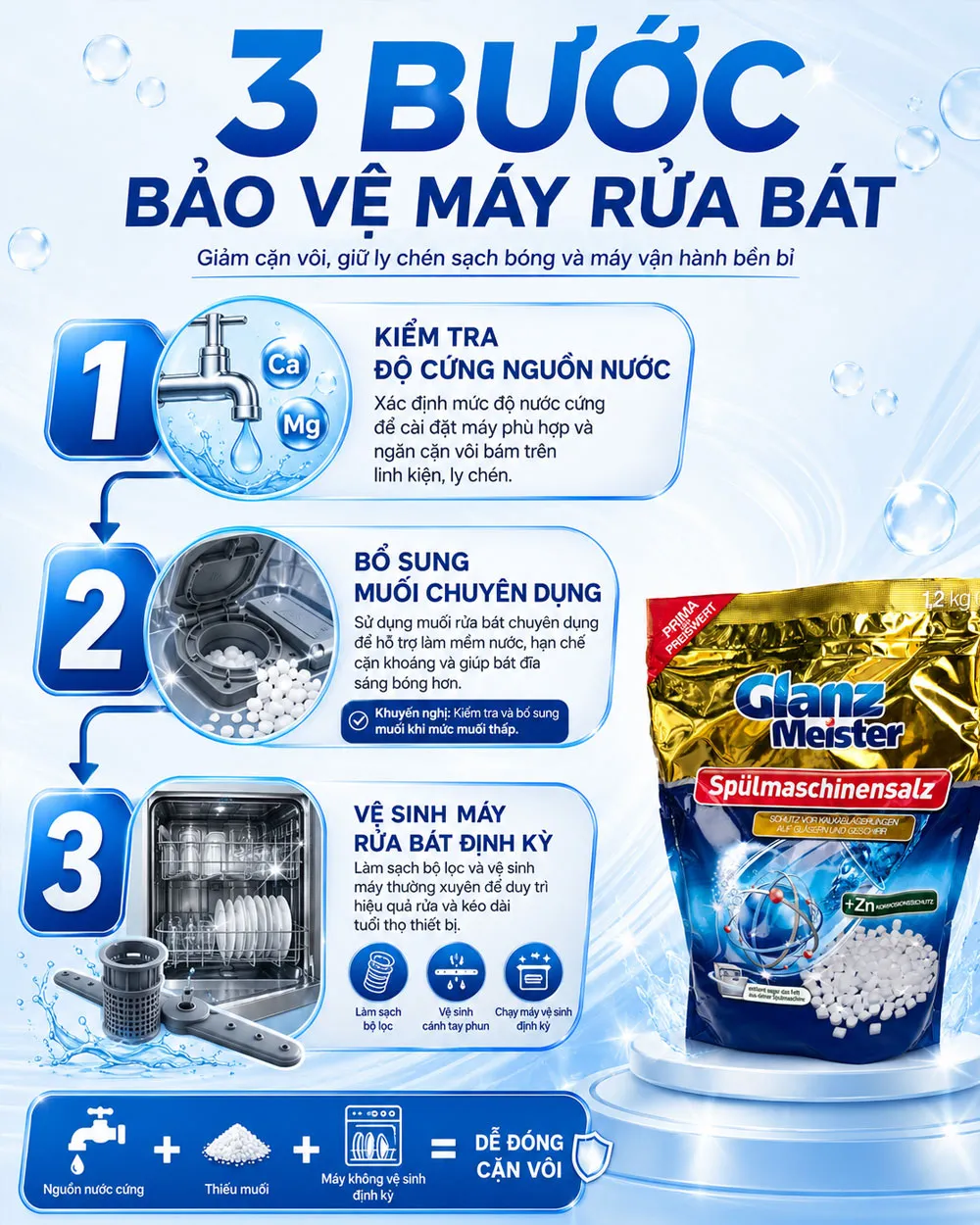 Cách hạn chế tác động của nước cứng lên máy rửa bát