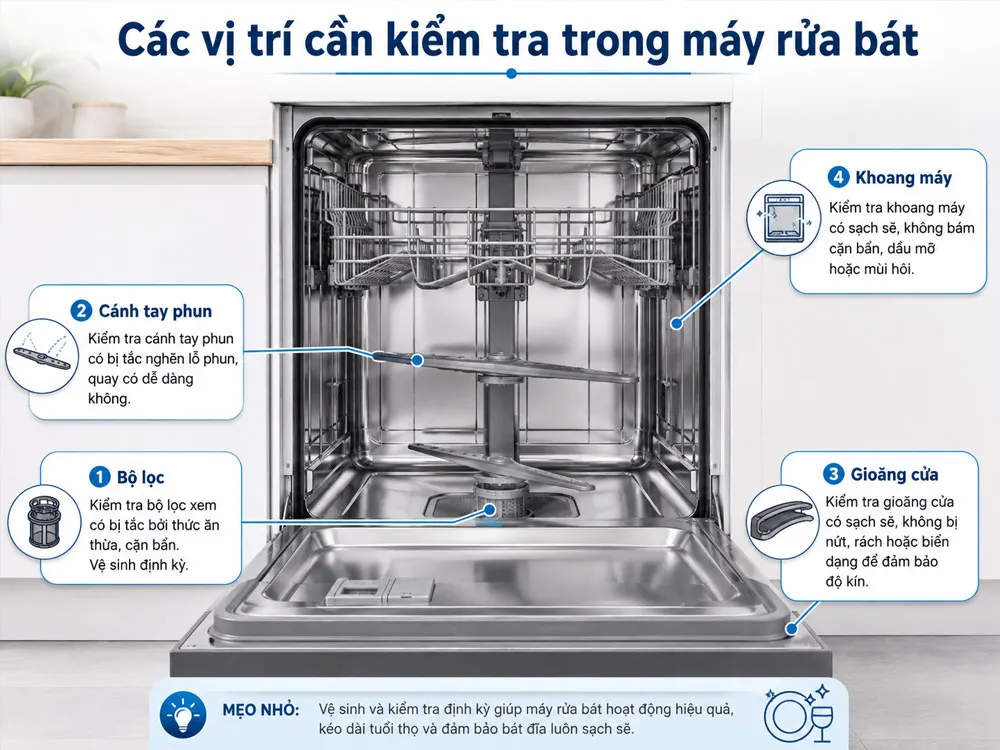 Các vị trí cần vệ sinh định kỳ trong máy rửa bát