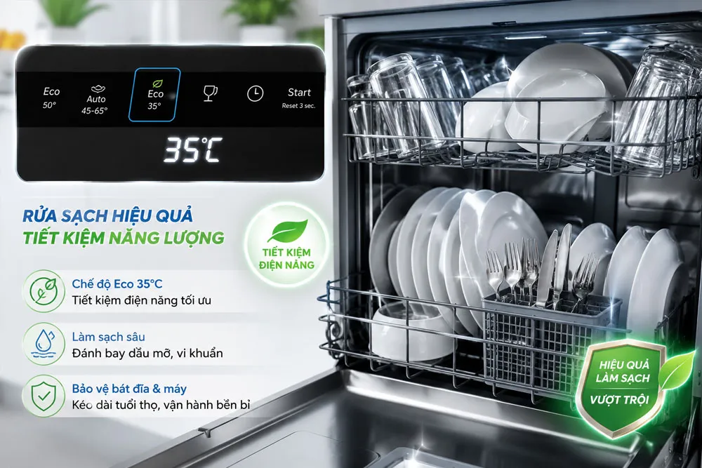 Viên rửa bát làm sạch hiệu quả ở nhiệt độ 35°C