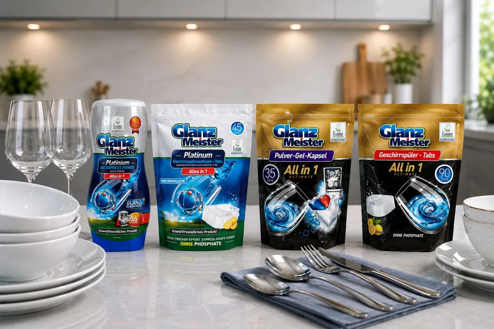 Viên rửa bát Glanz Meister bên cạnh bát đĩa và đồ dùng inox sạch bóng