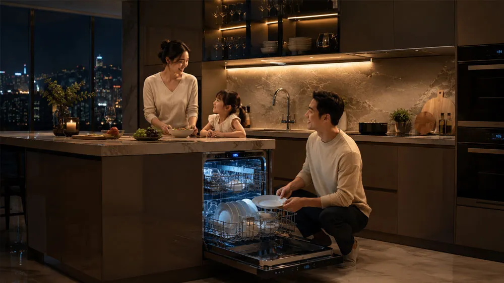 Gia đình sử dụng máy rửa chén trong căn bếp sang trọng