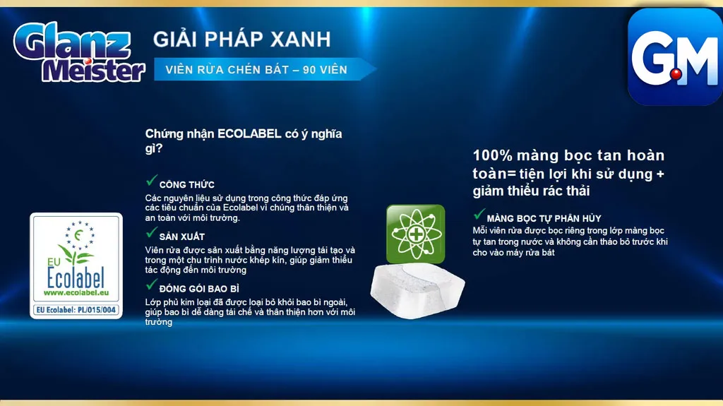 Viên rửa bát Glanz Meister đạt chứng nhận Ecolabel châu Âu thân thiện môi trường