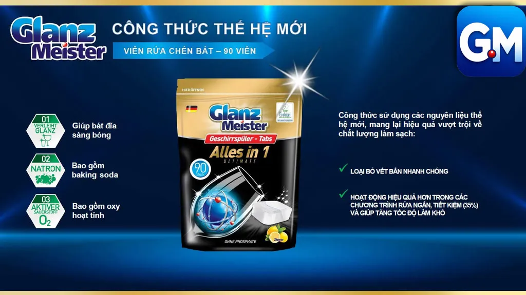 Viên rửa bát Glanz Meister chứa baking soda và oxy hoạt tính