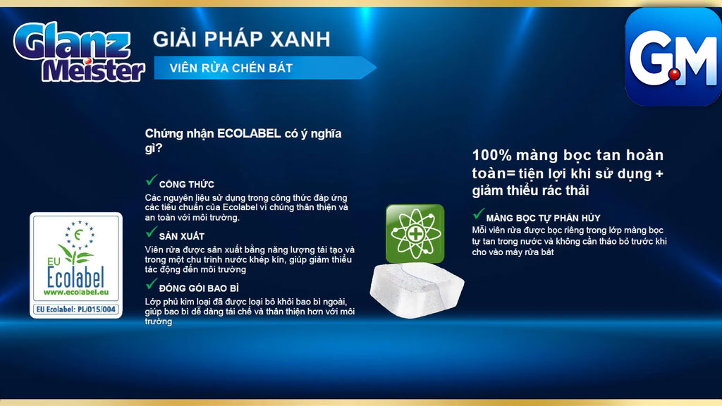 Viên rửa bát Glanz Meister đạt chứng nhận Ecolabel châu Âu thân thiện môi trường