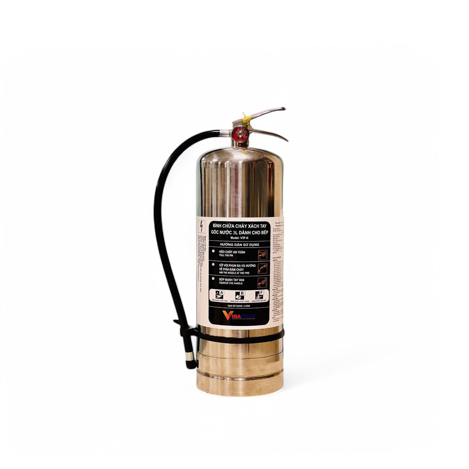 Bình chữa cháy Gốc Nước - Dùng Nhà Bếp 3L (Có Kiểm Định) - Loại Xách Tay - Vỏ Bình inox | V3F-K VinaFoam - VN