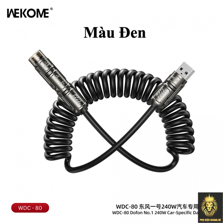 Cáp sạc 4 đầu Wekome 4in1 WDC-80 lò xo + Phá kính, màu inbox, Cáp đa năng công suất lớn, thiết kế lò xo tiện lợi cho ô tô