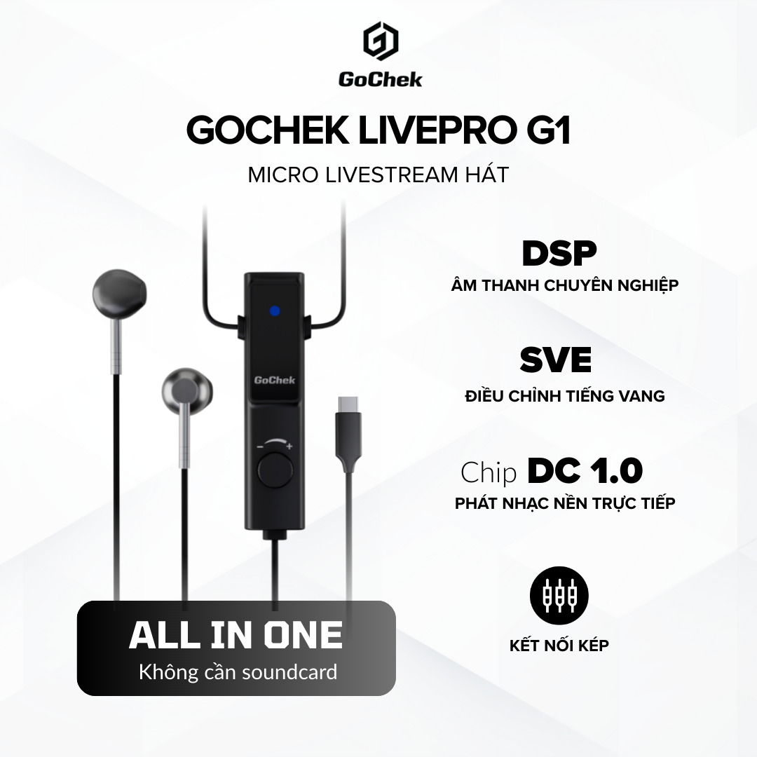 Micro thu âm Gocheck LivePro Sku G1 có dây, 2 đầu typeC + lighting
