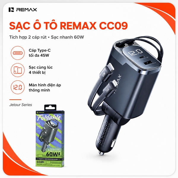 Tẩu sạc xe 2 Đầu ô tô 60W Remax CC09 Led + cáp Type-c+Lightning.