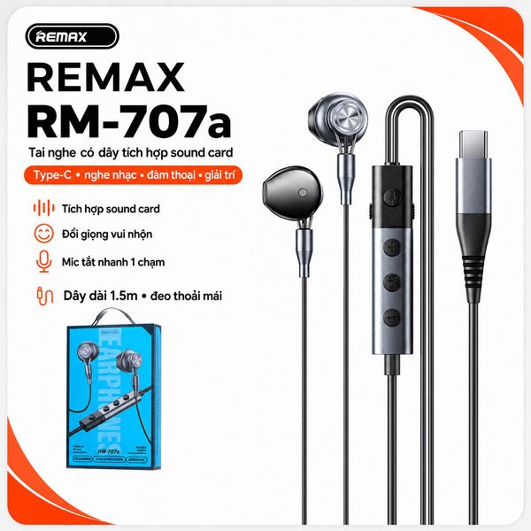 Tai nghe dây đầu typeC cắm dây Remax RM-707a (tích hợp sound card).