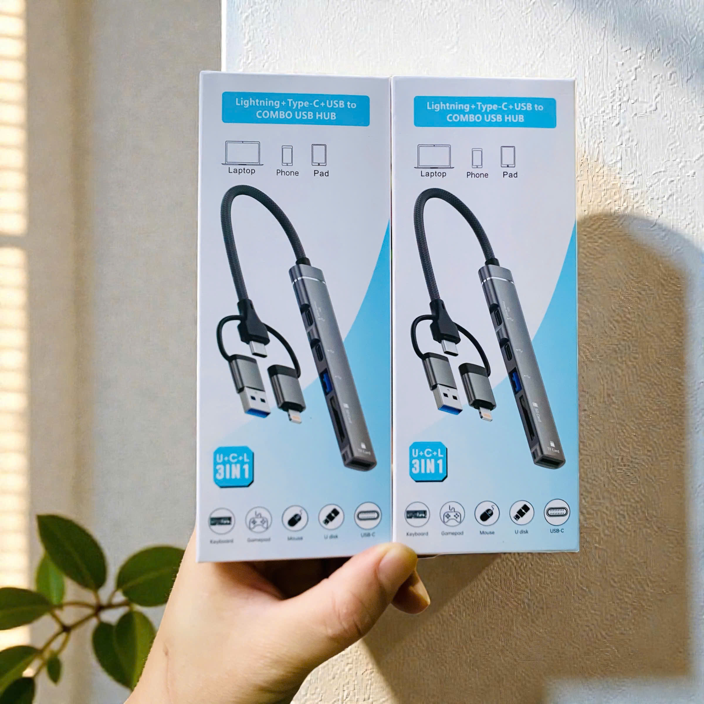 Cáp chuyển 3in1 3 đầu USB,TypeC,Lighting ra 5 cổng (USB,2TypeC,SD, TF)