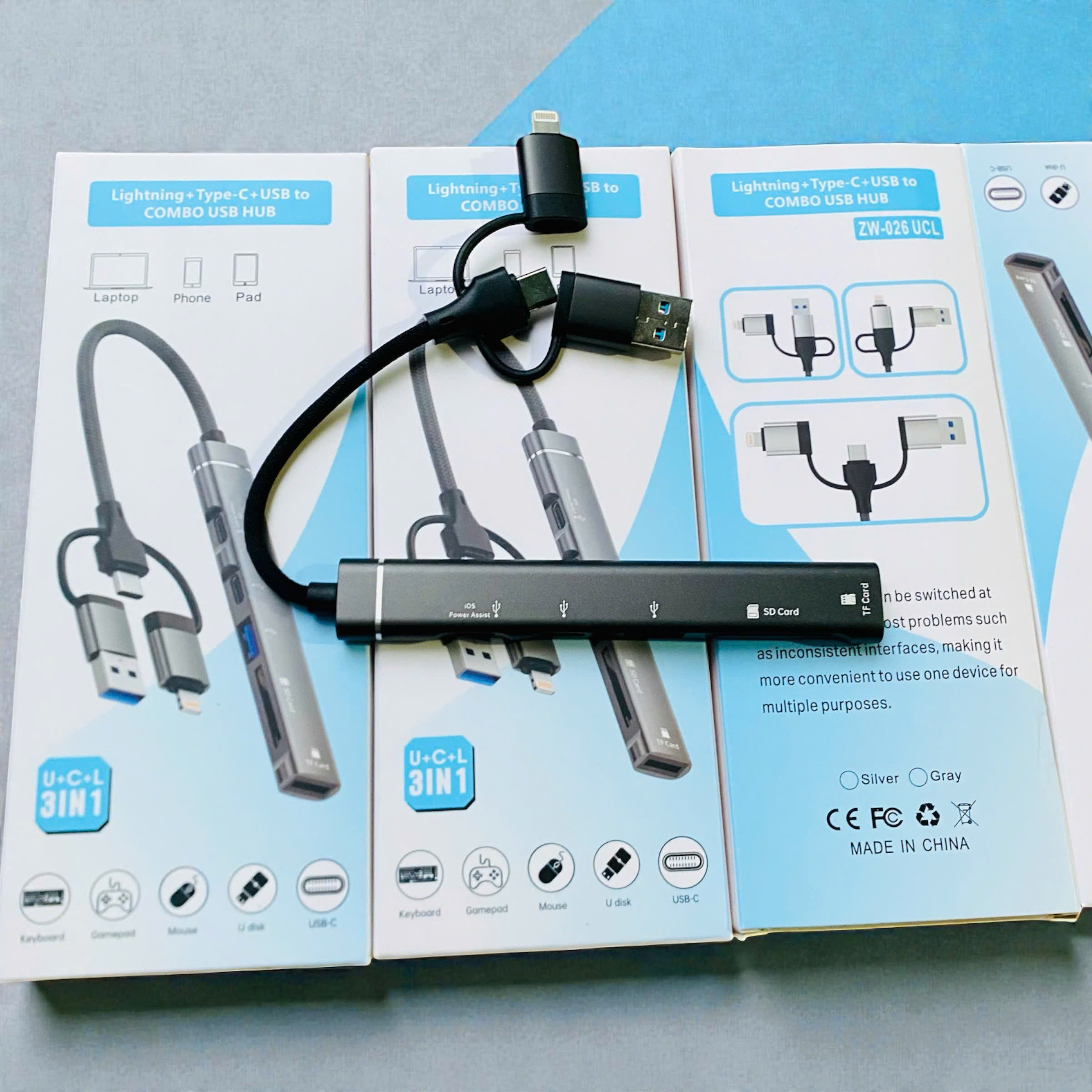 Cáp chuyển 3in1 3 đầu USB,TypeC,Lighting ra 5 cổng (USB,2TypeC,SD, TF)