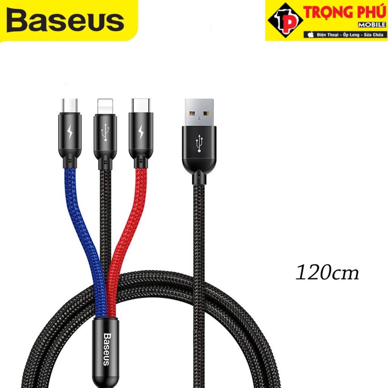 Cáp sạc 3 đầu 3in1 Baseus Three Primary colors