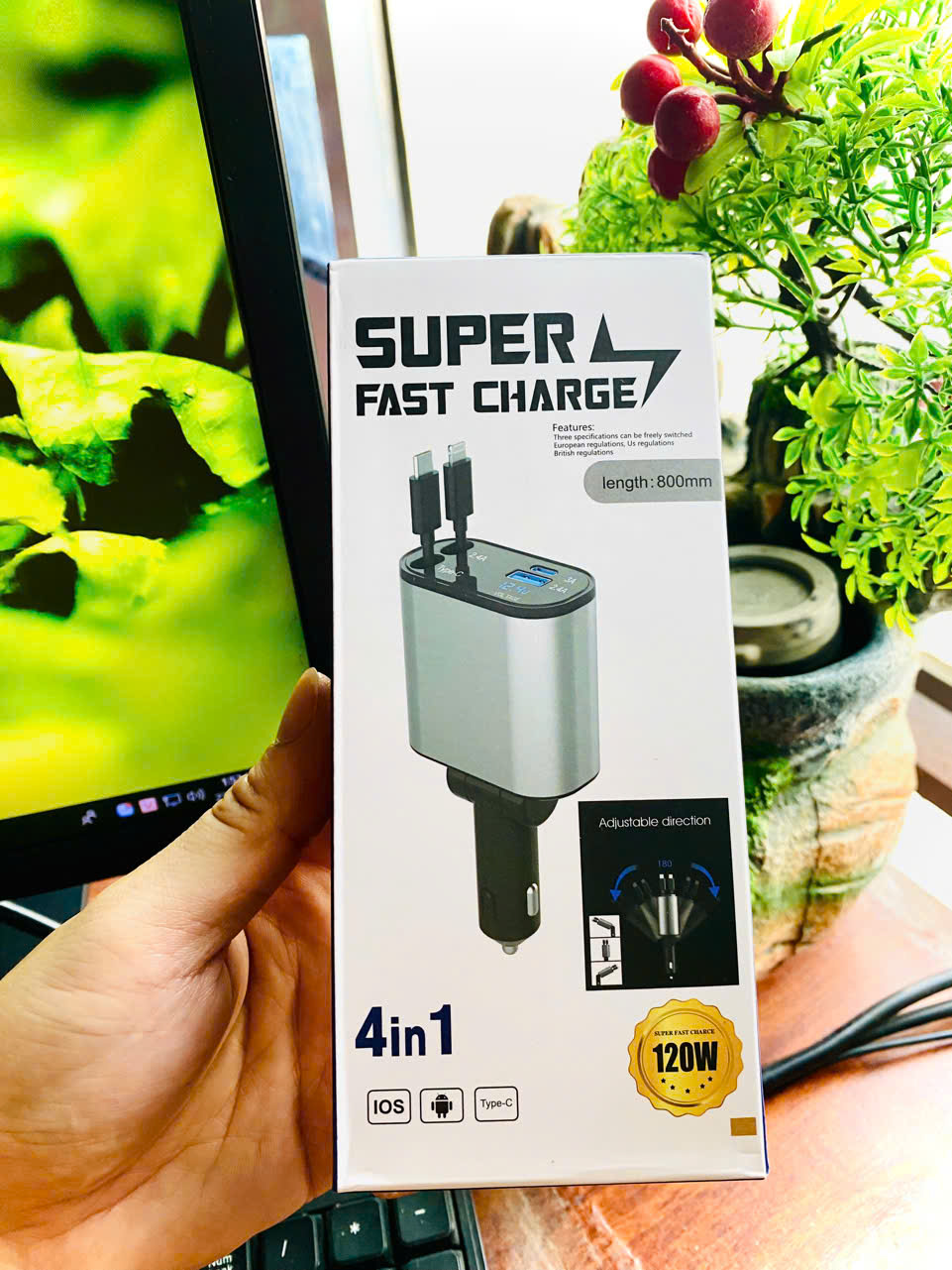 Tẩu Sạc ô tô 4in1 120w sẳn 2 dây sạc rút