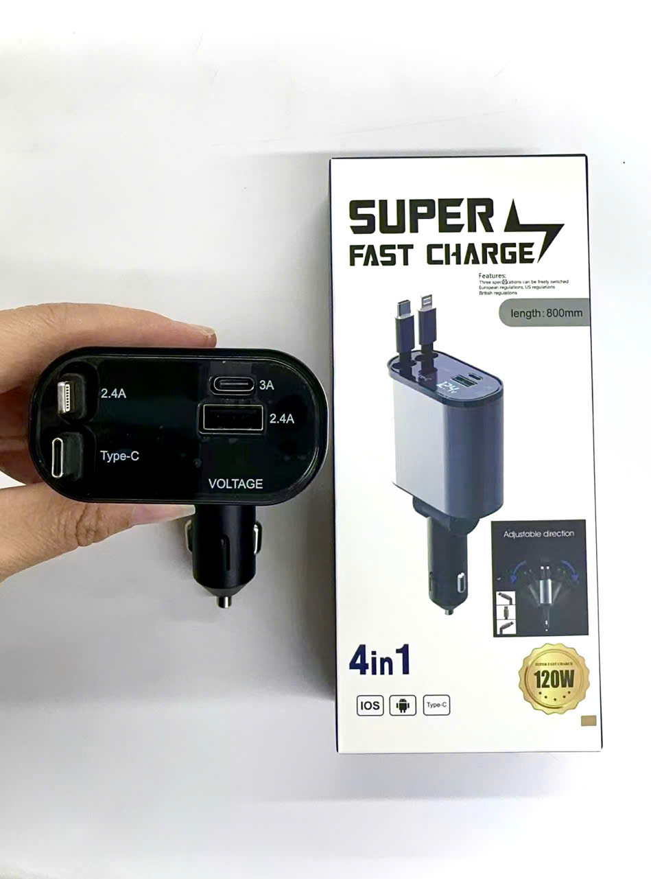 Tẩu Sạc ô tô 4in1 120w sẳn 2 dây sạc rút