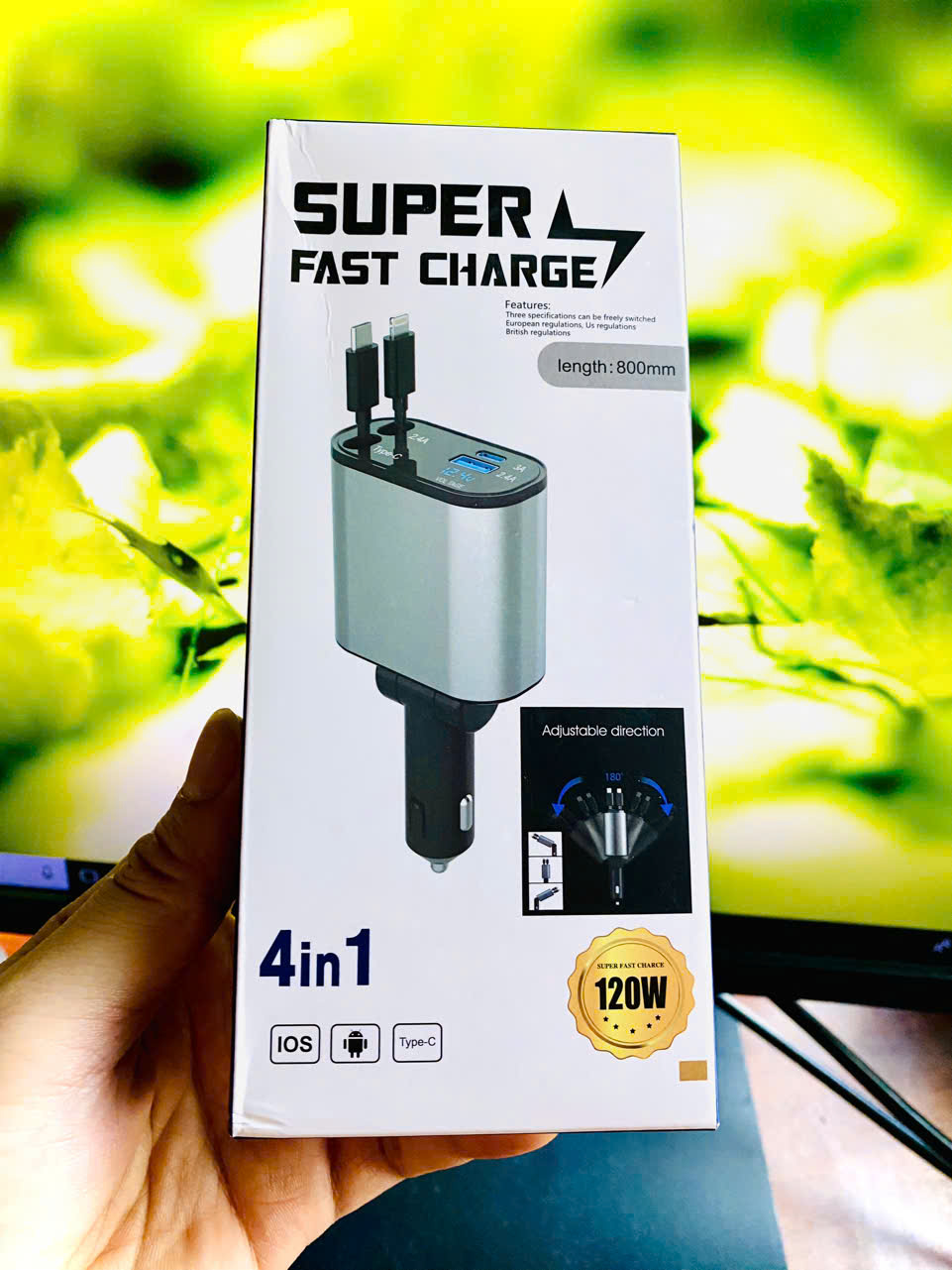 Tẩu Sạc ô tô 4in1 120w sẳn 2 dây sạc rút