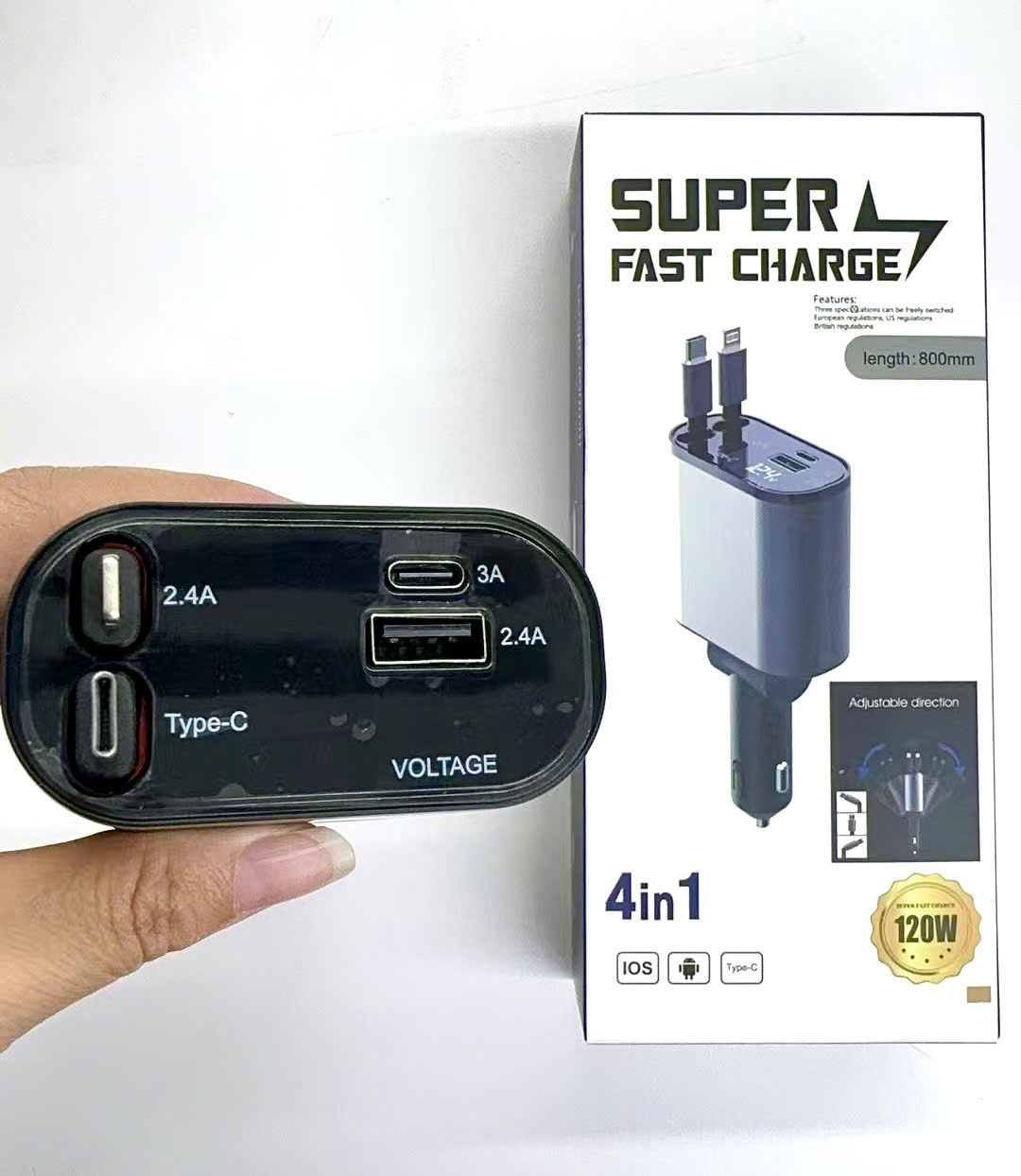 Tẩu Sạc ô tô 4in1 120w sẳn 2 dây sạc rút