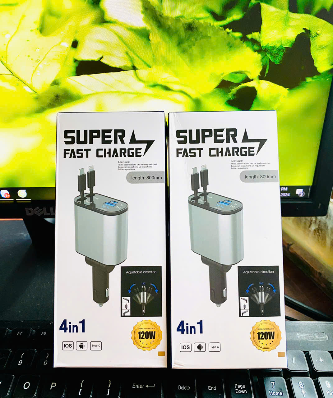 Tẩu Sạc ô tô 4in1 120w sẳn 2 dây sạc rút