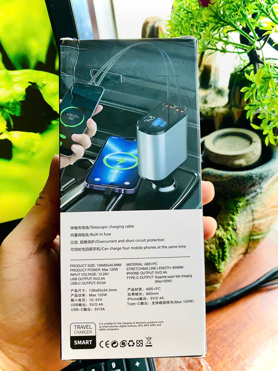 Tẩu Sạc ô tô 4in1 120w sẳn 2 dây sạc rút