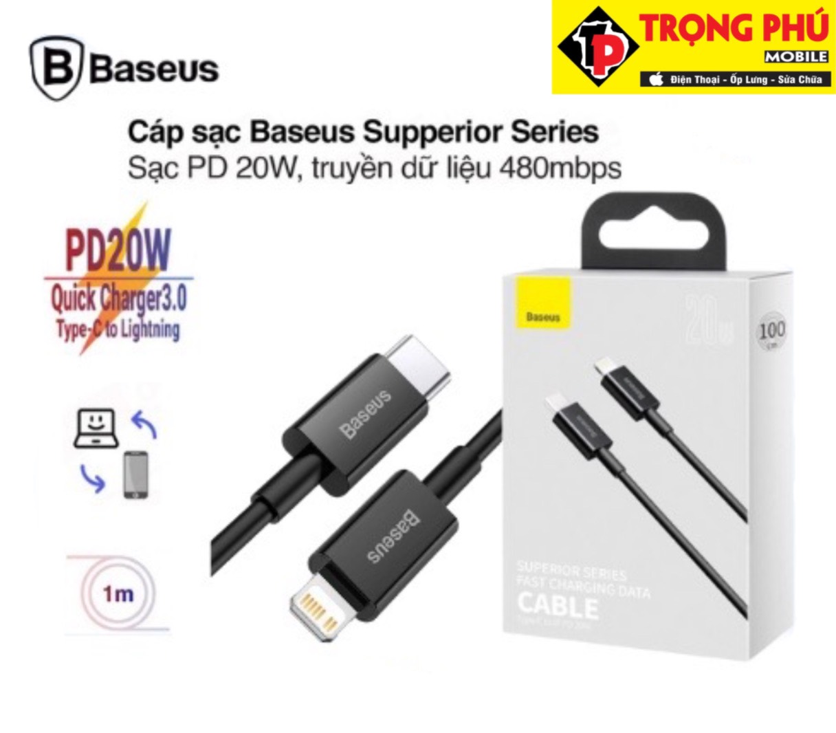 Cáp sạc TypeC-Lighting 20W Baseus Superior
