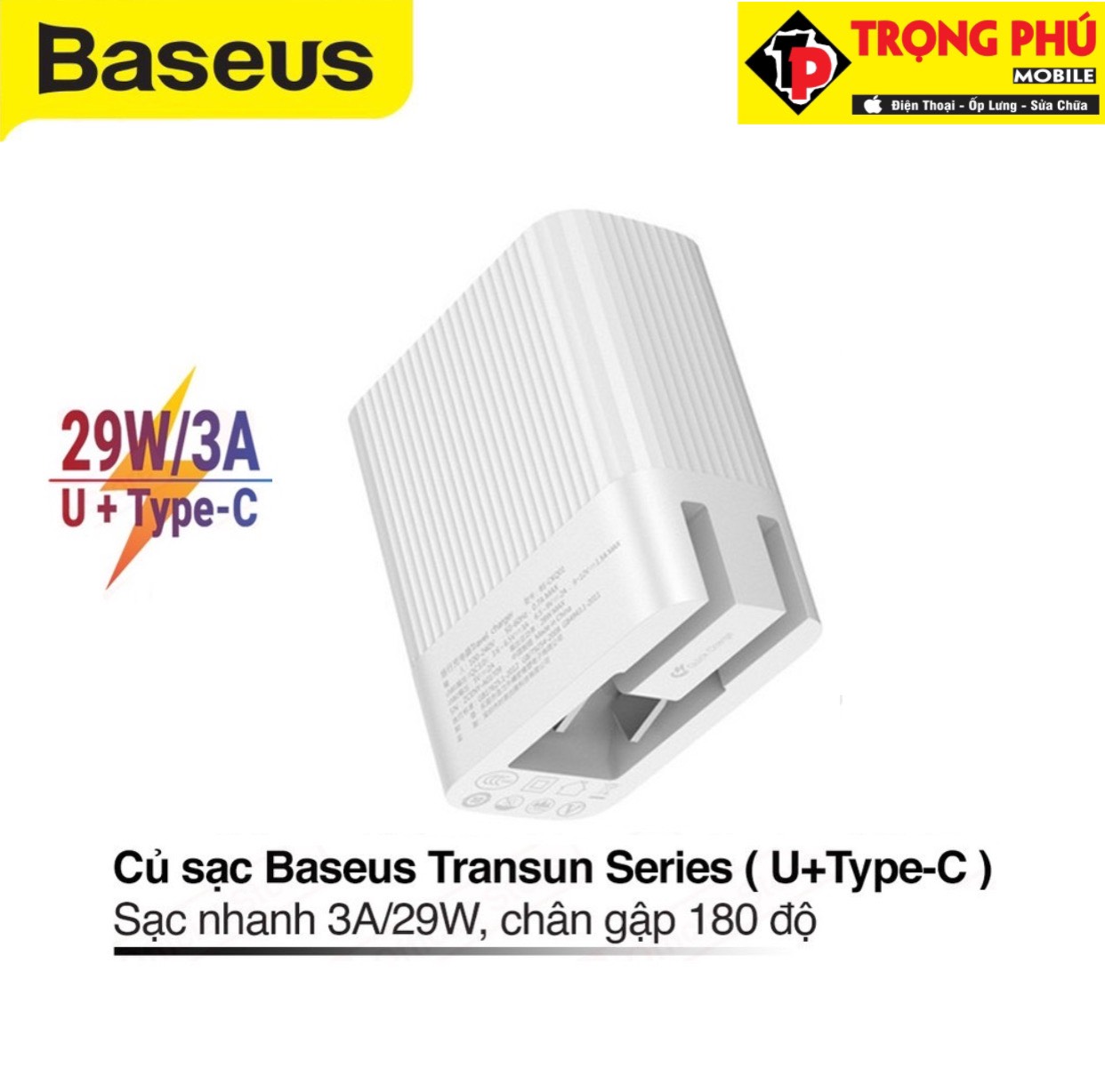 Cốc sạc TypeC Baseus 2 Cổng 30W Transun Chân Gập