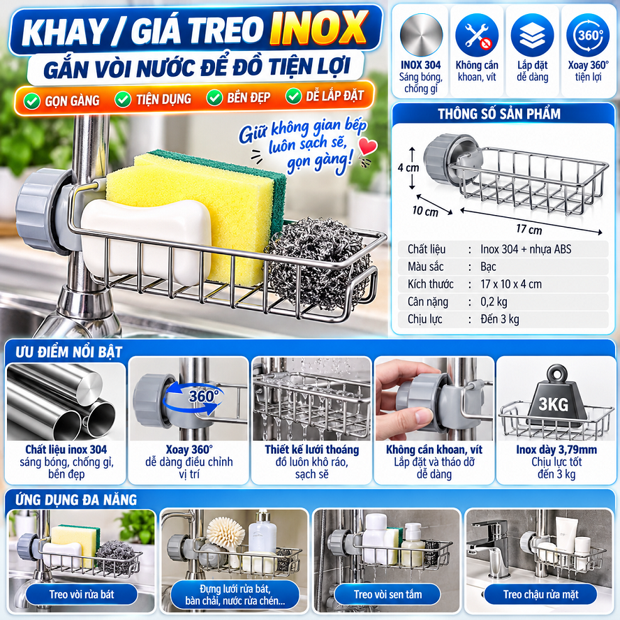 Khay/ Giá treo inox thiết kế gắn vòi nước để đồ tiện lợi.