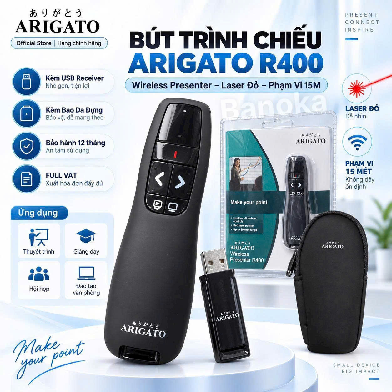 Bút trình chiếu Arigato R400 BLK đen có bao da