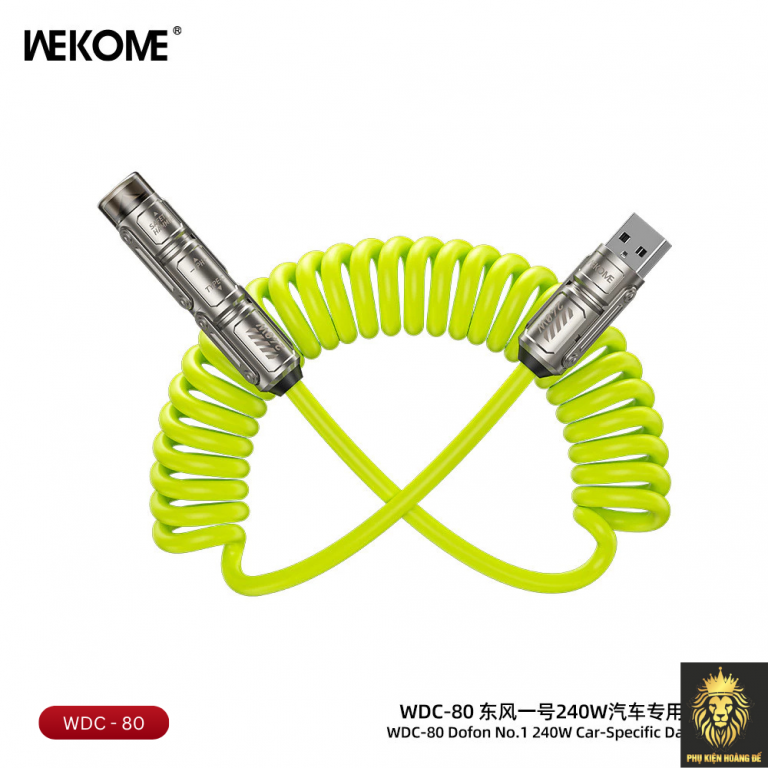 Cáp sạc 4 đầu Wekome 4in1 WDC-80 lò xo + Phá kính, màu inbox, Cáp đa năng công suất lớn, thiết kế lò xo tiện lợi cho ô tô