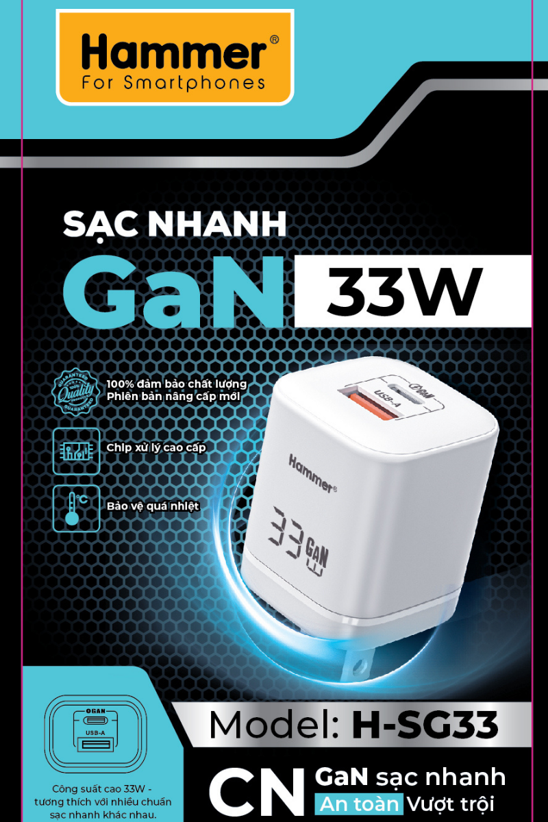 Cốc sạc 2 cổng GAN 33w Hammer H-S-GAN1 1C1A