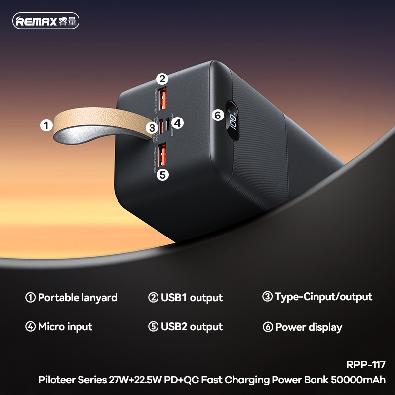 Sạc dự phòng sạc nhanh Remax RPP-117 Piloteer Series 50.000mAh 27W+22.5W PD+QC