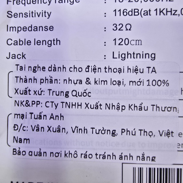 Tai nghe dây Đầu Lighting TA-04 cho ip7-14 120k