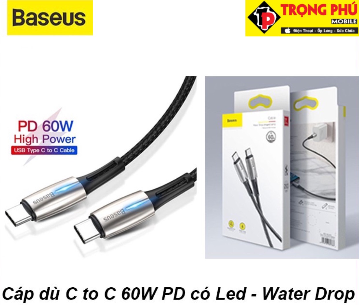 Cáp sạc TypeC-TypeC 60W Baseus Water Drop-shaped