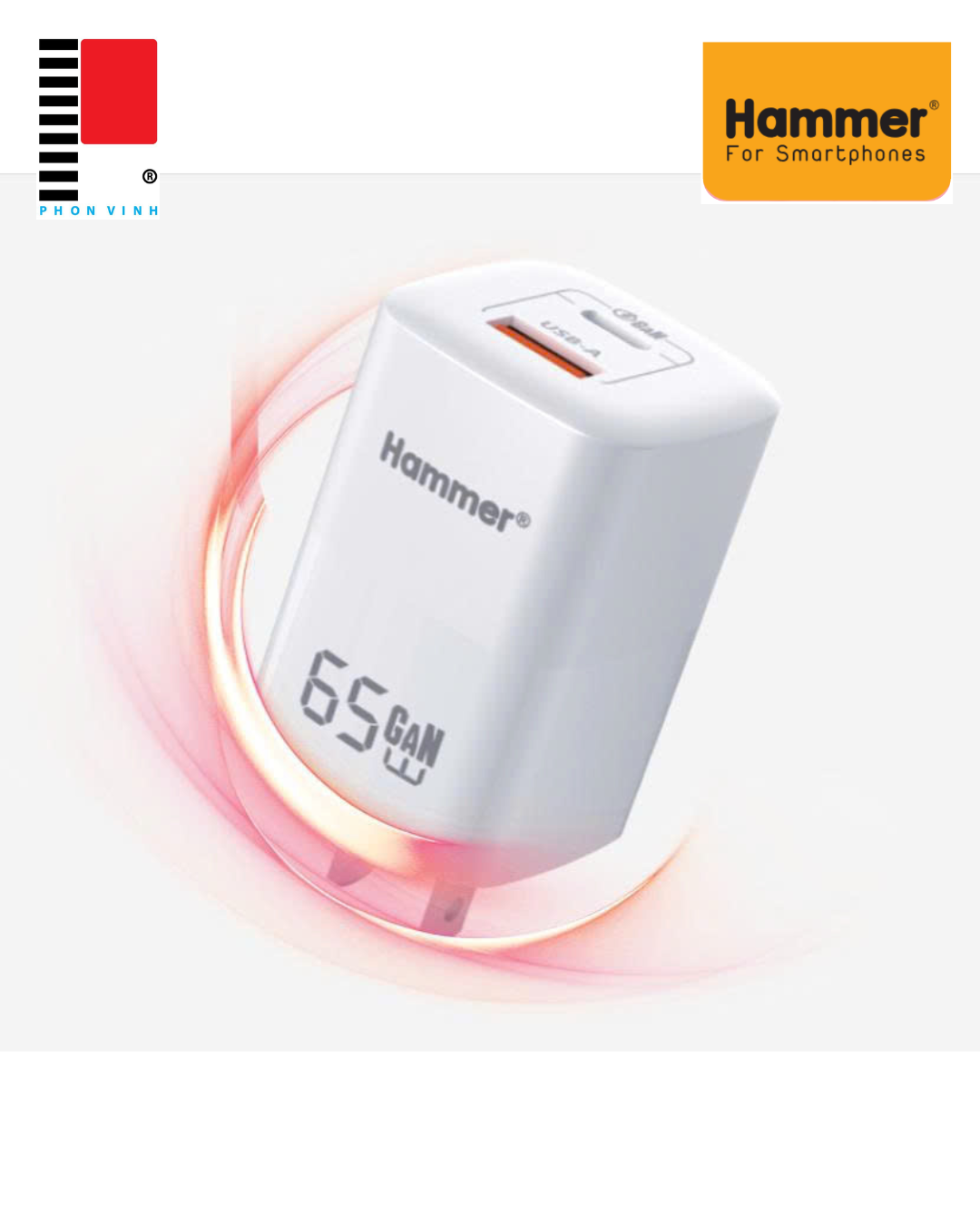 Cốc sạc 2 cổng GAN 65w Hammer H-S-GAN3 1C1A
