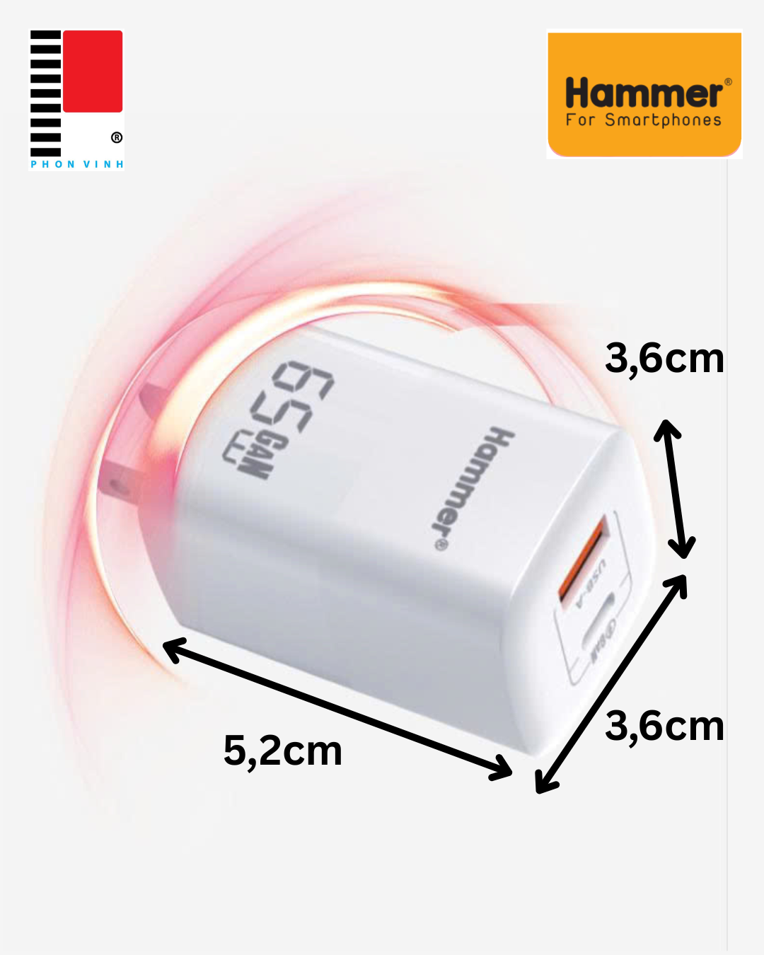 Cốc sạc 2 cổng GAN 65w Hammer H-S-GAN3 1C1A