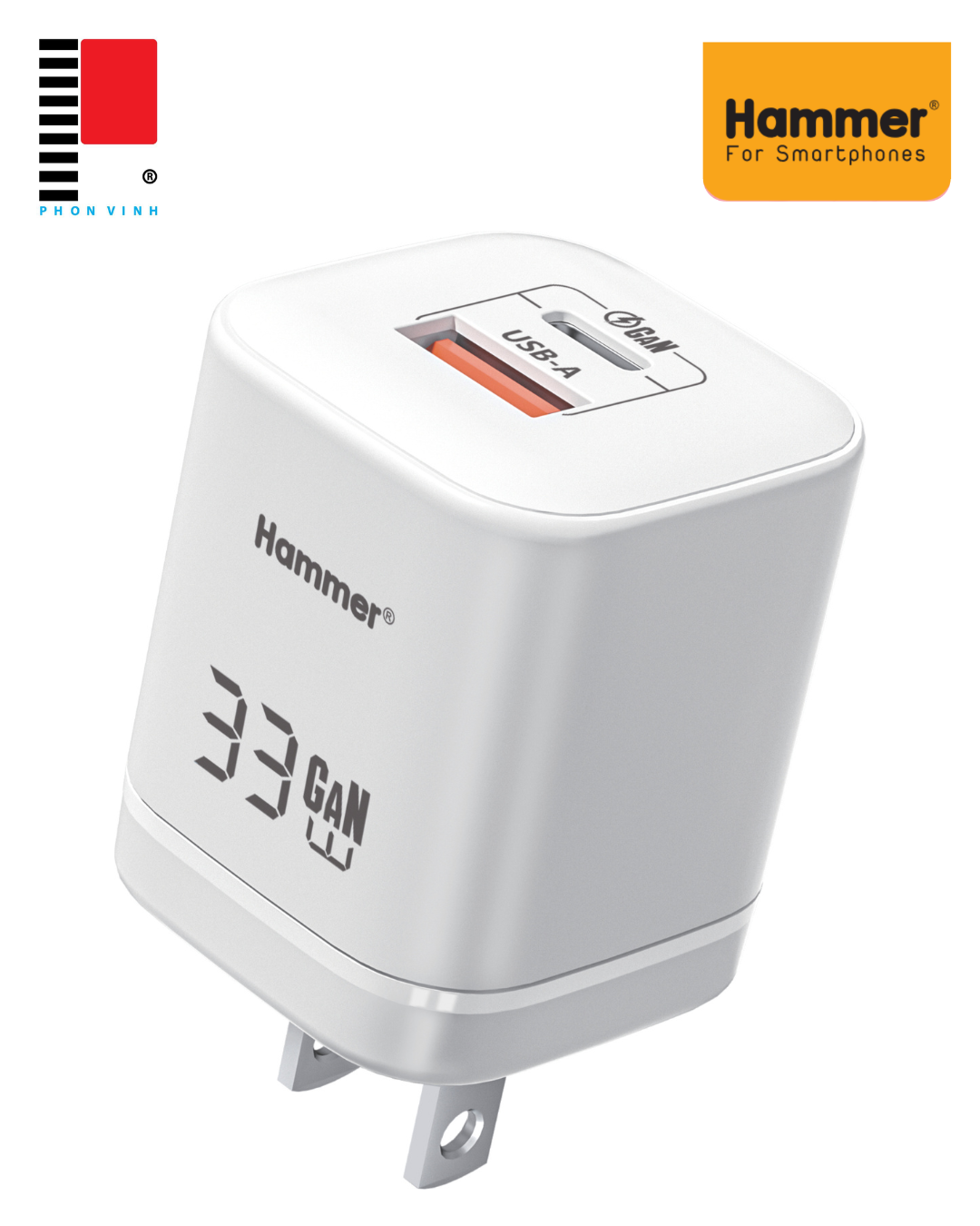 Cốc sạc 2 cổng GAN 33w Hammer H-S-GAN1 1C1A