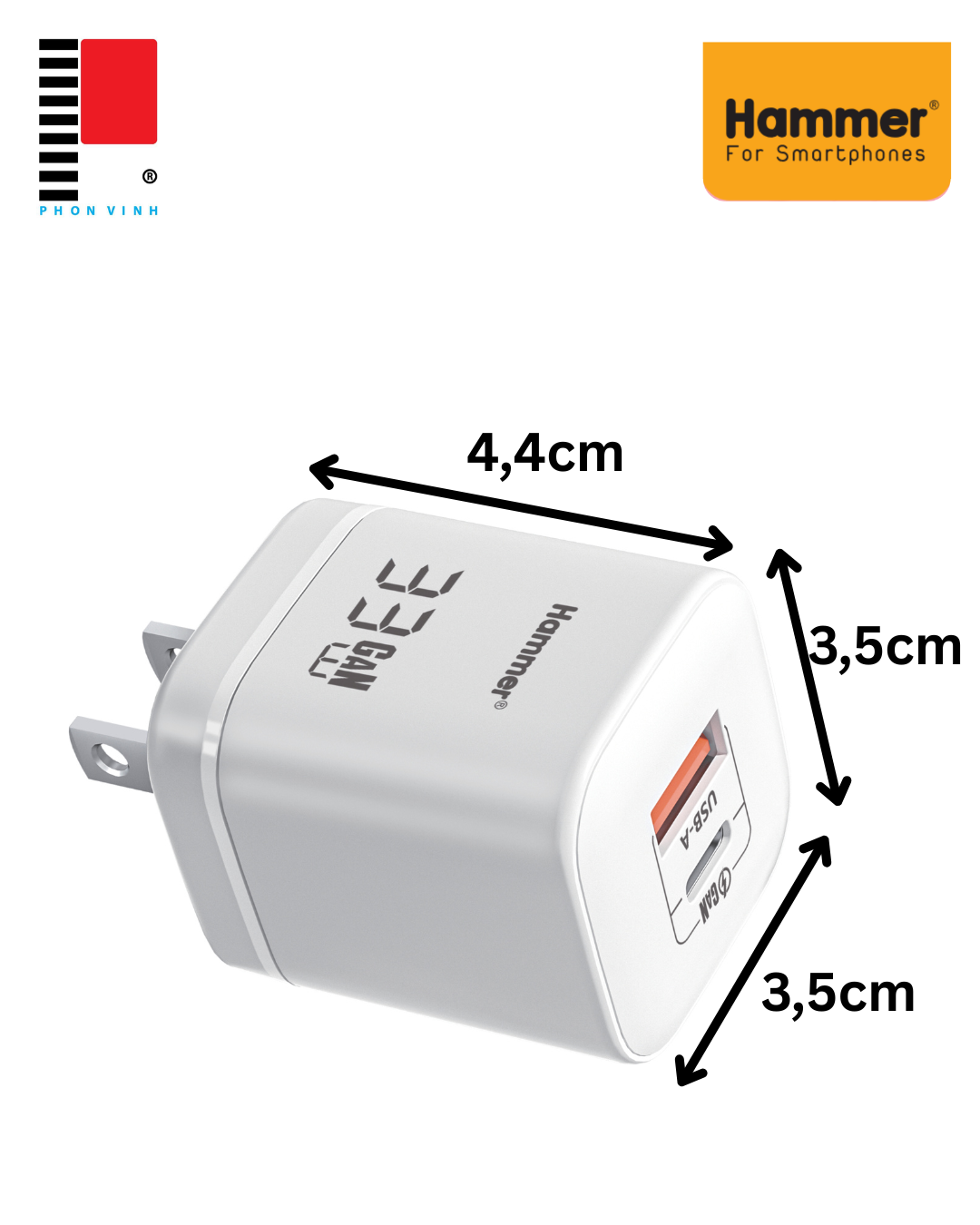 Cốc sạc 2 cổng GAN 33w Hammer H-S-GAN1 1C1A