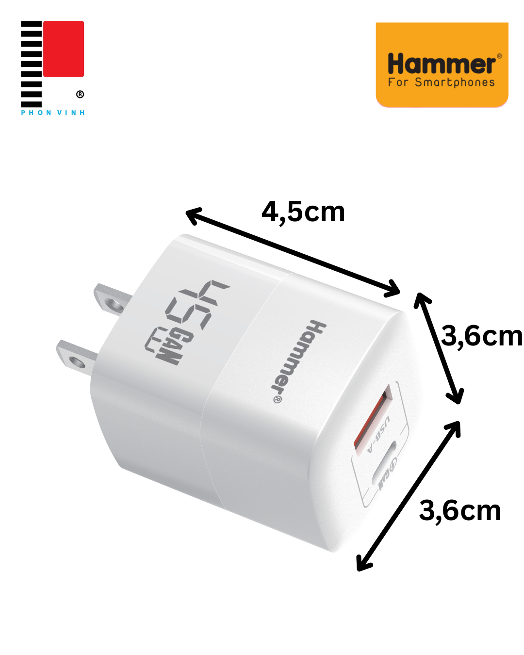Cốc sạc 2 cổng GAN 45w Hammer H-S-GAN2 1C1A