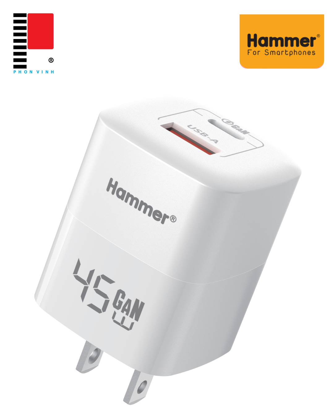 Cốc sạc 2 cổng GAN 45w Hammer H-S-GAN2 1C1A