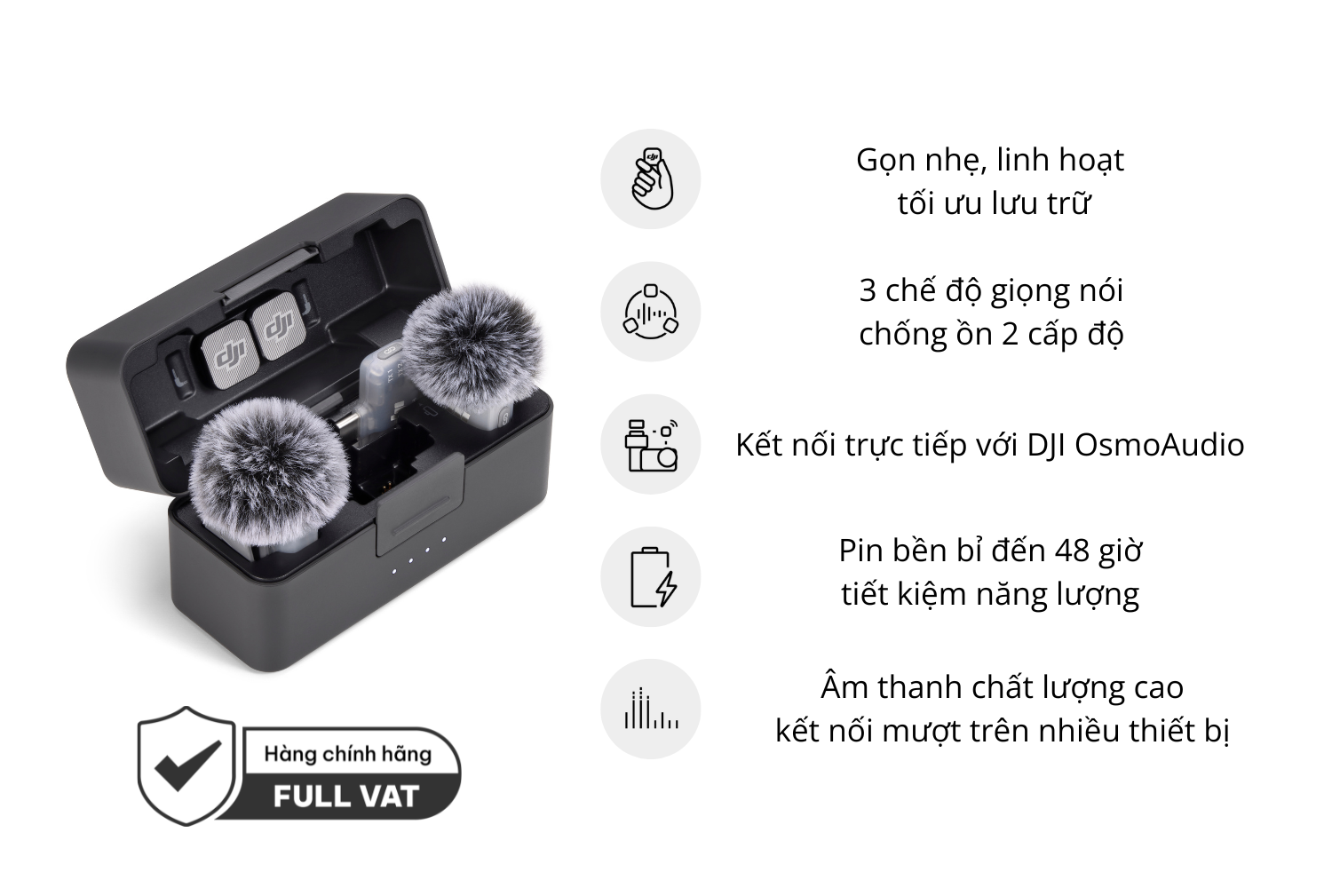 Micro thu âm DJI Mic Mini 2 (2 TX + 1 Mobile RX + Charging) 2 mic + 1 thu cho điện thoại + hộp sạc + phụ kiện